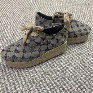 Platform Espadrille Lace-Up Sneakers in Tan and Navy